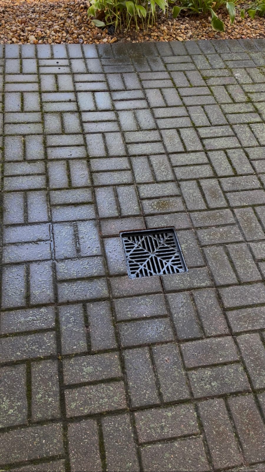 Decorative catch basin drain grate set flush in a brick paver patio on a Springfield, MO property